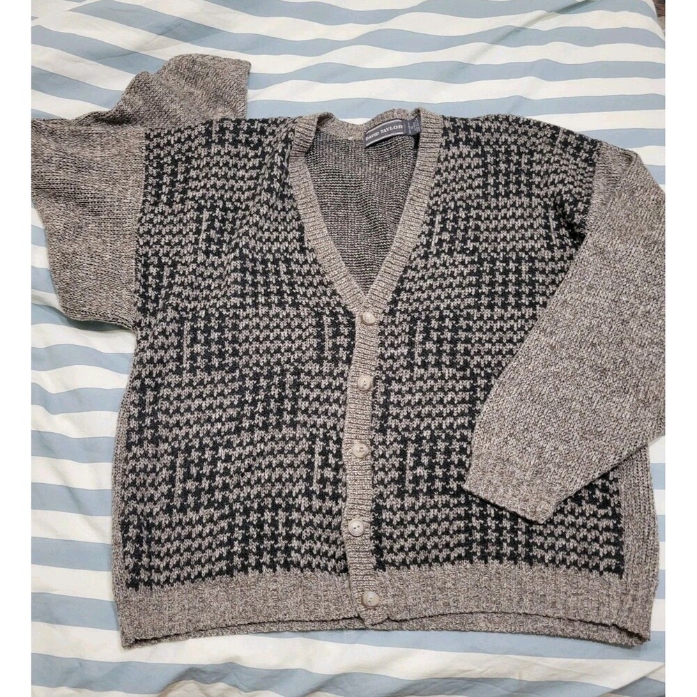 Vintage David Taylor Men’s Cardigan Sweater Gray Cardigan Geometric Grandpa Knit